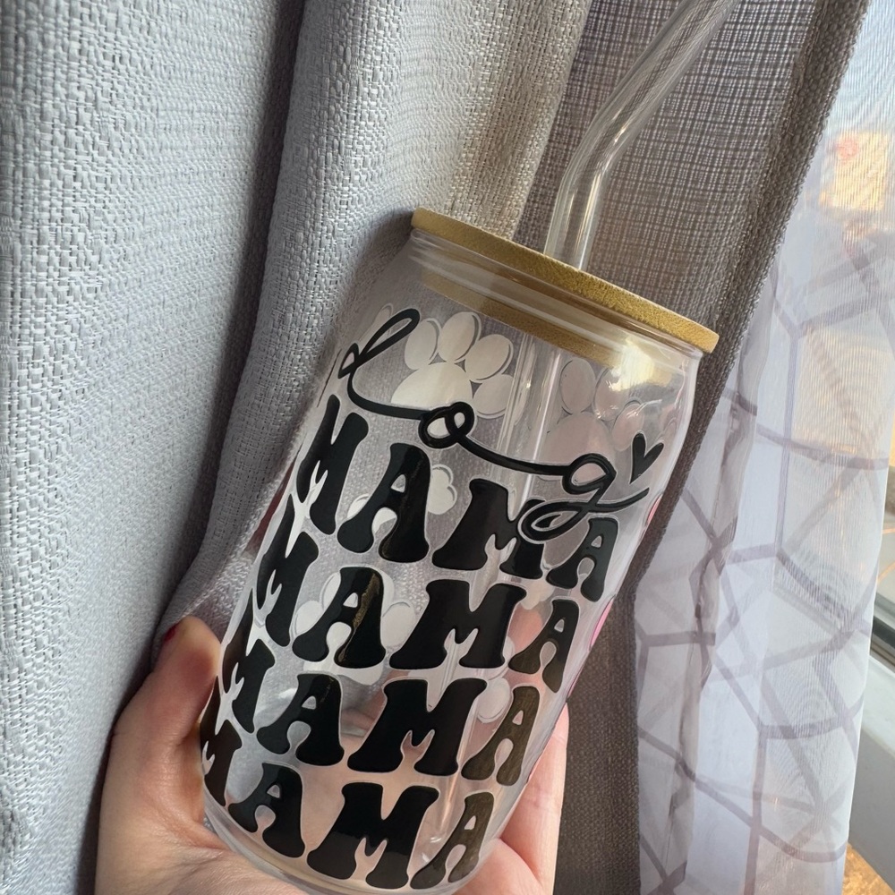 Dog Mama 16 oz Glass Cup with Lid and Straw